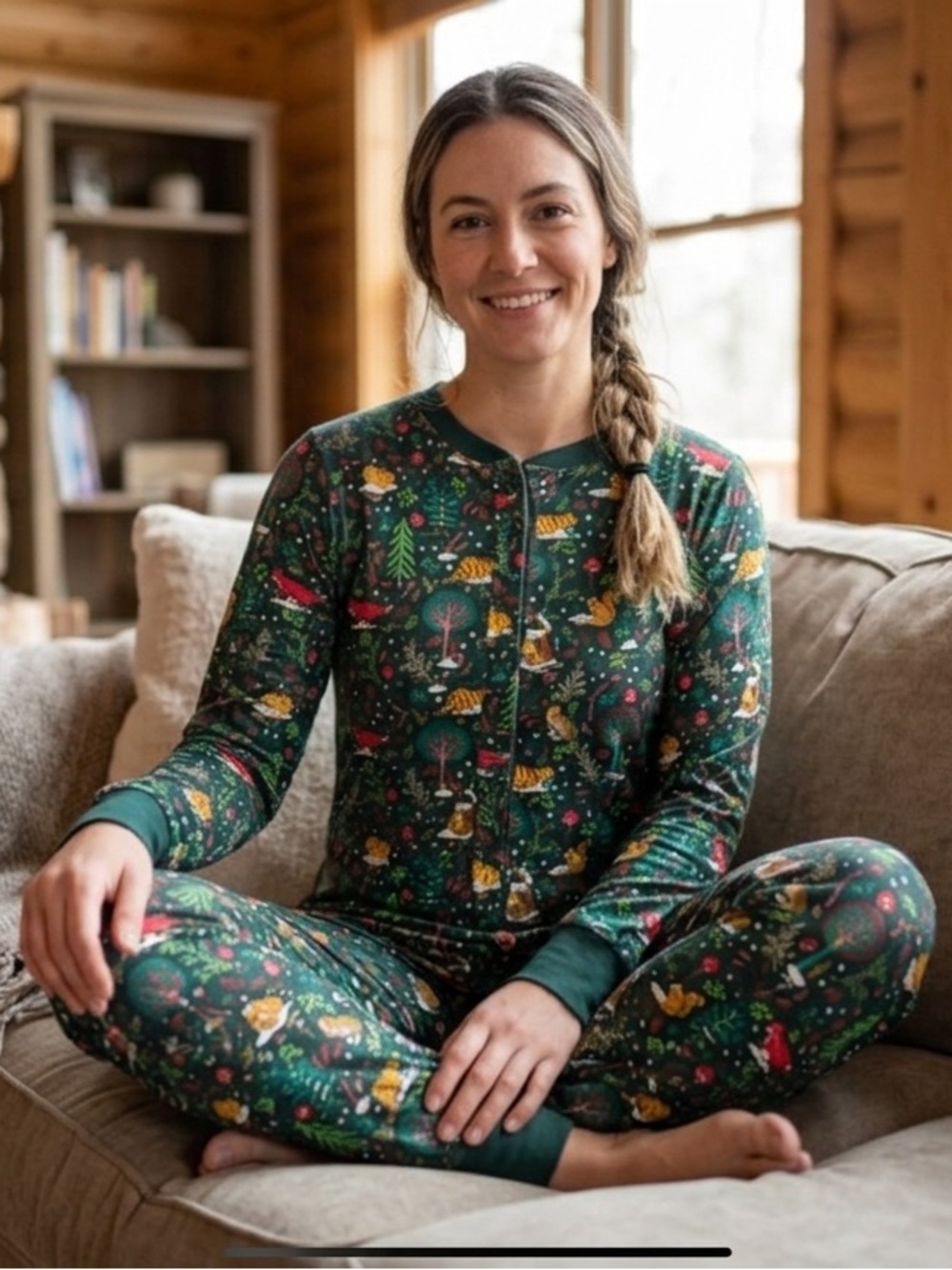 Roots Festive Green Winter Onsie Woodland Animals Cabincore Pajamas Size S